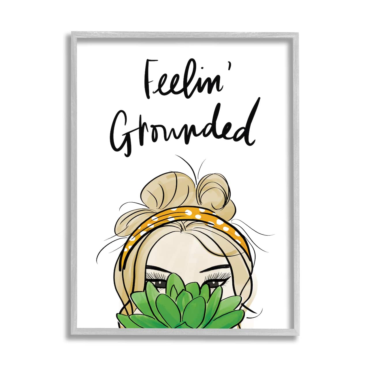 Stupell Industries Feelin' Grounded Phrase Woman With Plant in Gray Frame Wall Art